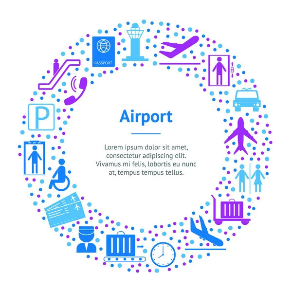 Cartoon Silhouette Airport Banner Card Circle (dalam bahasa Inggris). Vektor - Stok Vektor