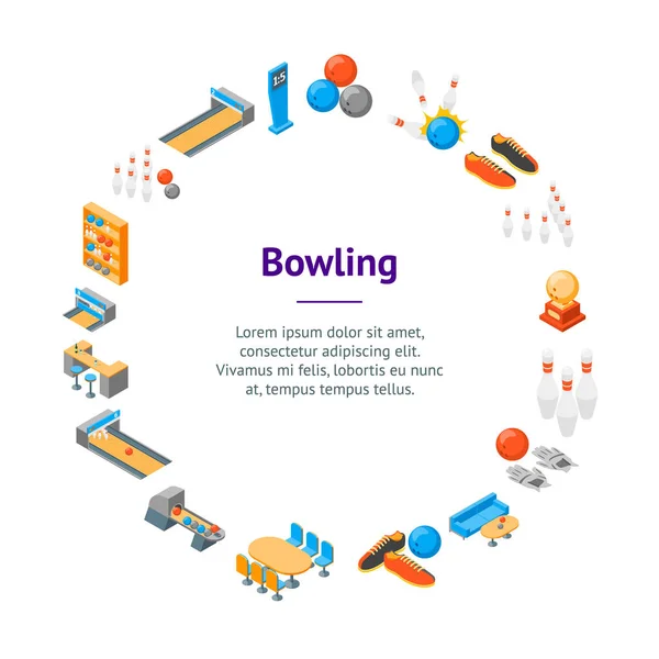 Bowlingspiel Banner Karte Kreis isometrische Ansicht. Vektor — Stockvektor