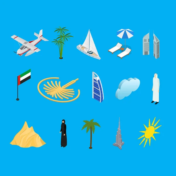 迪拜阿联酋旅游和旅游图标3d 等距视图。向量 — 图库矢量图片