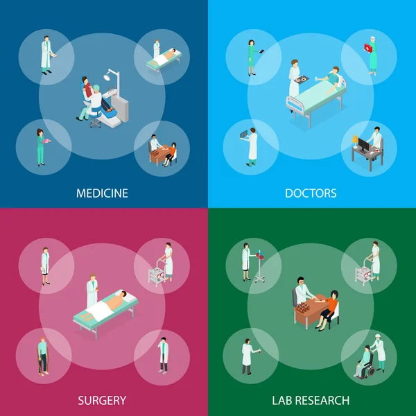 Hemşireler hastalar katılıyor küme izometrik görünümü Banner. Vektör