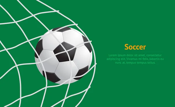 Realista detallada bola de fútbol 3d golpeando en la tarjeta Net. Vector — Vector de stock
