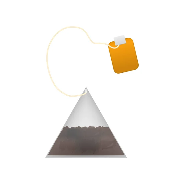 逼真详细的3D 茶袋套装和橙色标签元素的热饮料 金字塔泡茶的矢量图解 — 图库矢量图片
