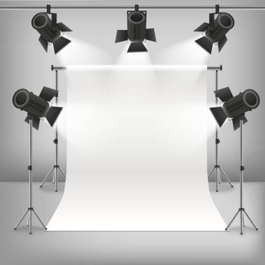 Gerçekçi 3d fotoğraf stüdyosu ve aletleri ayrıntılı. Vektör