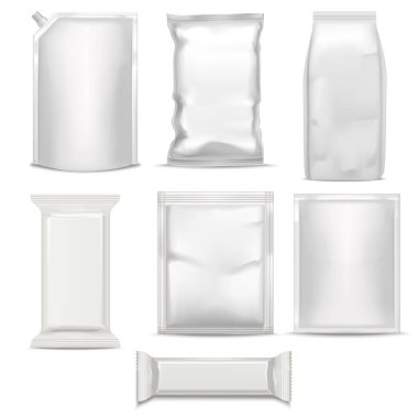 Gerçekçi 3d çeşitli beyaz boş çanta paketi şablon Mockup Set ayrıntılı. Vektör