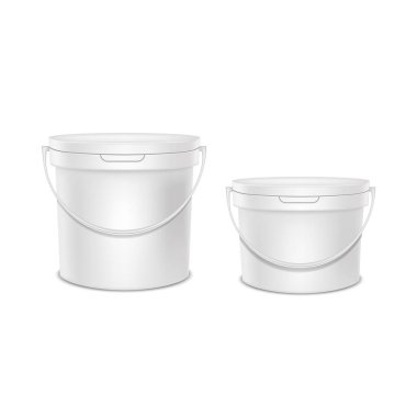 Gerçekçi detaylı 3d beyaz boş plastik kova şablon Mockup küme. Vektör