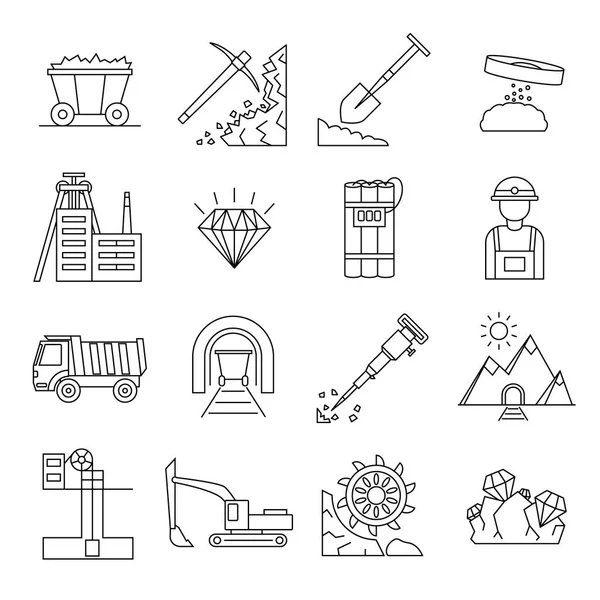 Diamant mijnbouw tekenen zwarte dunne lijn Icon Set. Vector — Stockvector