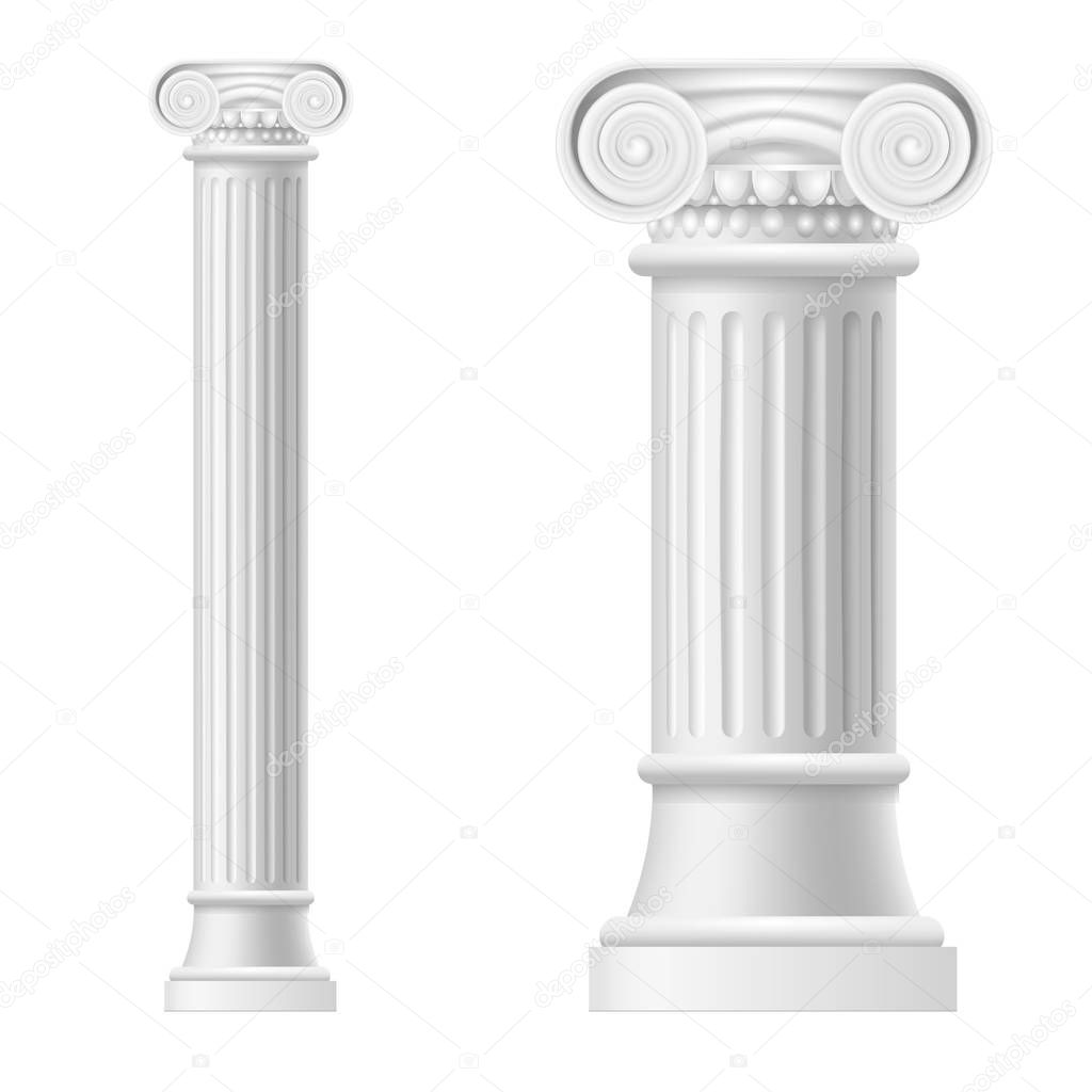 Realistic Detailed 3d White Blank Ionic Column Template Mockup Set. Vector