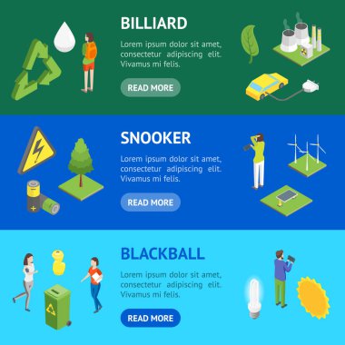 3D ayarla ekoloji kavramı afiş yatay izometrik görüntüleyin. Vektör