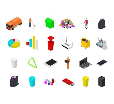 Kavram geri dönüşüm çöp 3d izometrik görünümü. Vektör