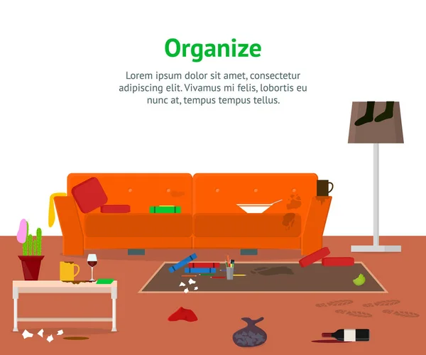 Cartoon schmutzig organisierte Wohnung für die Reinigung Zimmer-Service-Karte Plakat. Vektor — Stockvektor