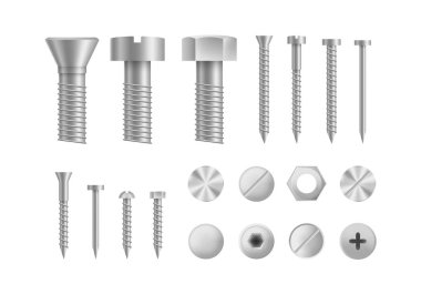 Gerçekçi detaylı 3d makyaj Metal vida ve cıvata küme. Vektör