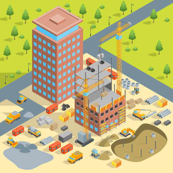 Строительство многоэтажного здания Концепция 3d Изометрический вид. Вектор
