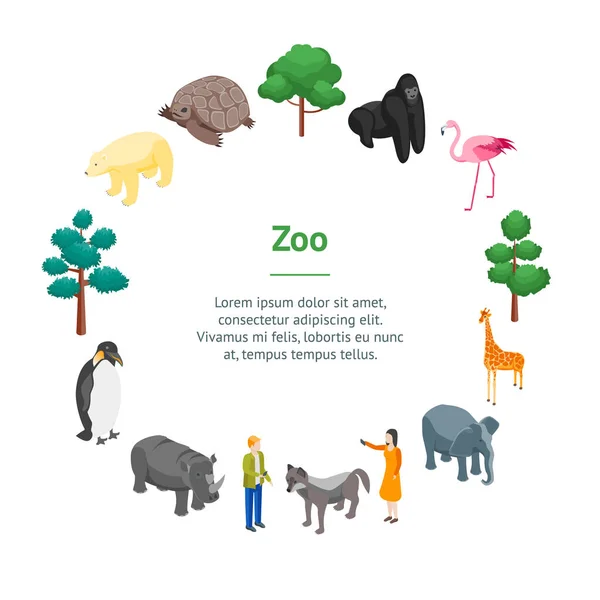 Zoo Concept Banner Card Circle 3d Vista isometrica. Vettore — Vettoriale Stock
