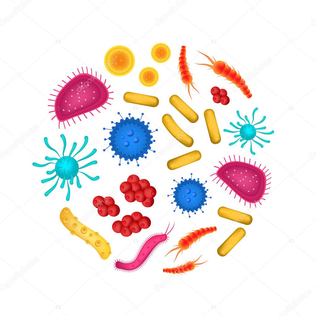 Realistic Detailed 3d Virus and Bacteria Round Design Template. Vector