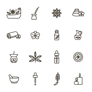 Aromaterapi ve Spa işaretleri siyah ince çizgi Icon Set. Vektör
