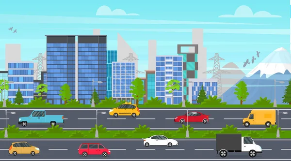 Cartoon City Panorama snelweg. Vector — Stockvector