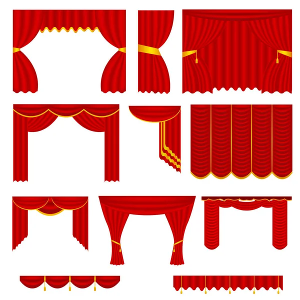 Realistic Detailed 3d Red Silk or Velvet Curtains Set. Vector — Stock Vector