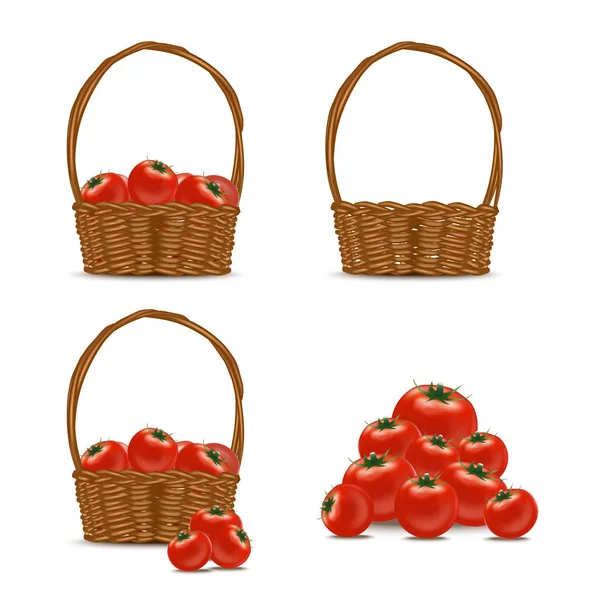 Panier 3D détaillé réaliste avec ensemble de tomates mûres rouges. Vecteur — Image vectorielle