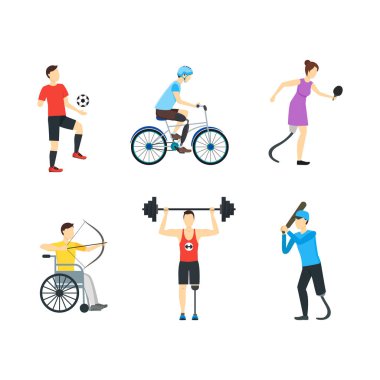 Engelli spor karakterleri simge seti karikatür. Vektör