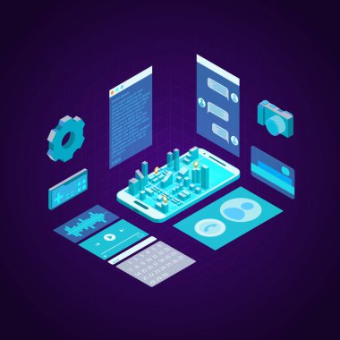 Cep telefonu konsepti 3d izometrik görünümü. Vektör