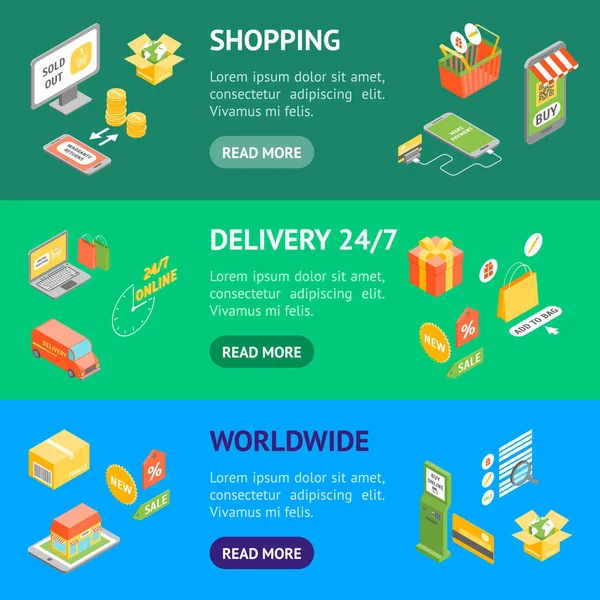 Alışveriş Online Banner yatay ayarlama izometrik görünümü. Vektör