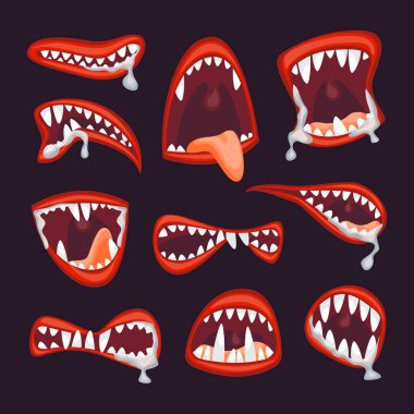 Karikatür canavar ve şeytan ağız küme. Vektör