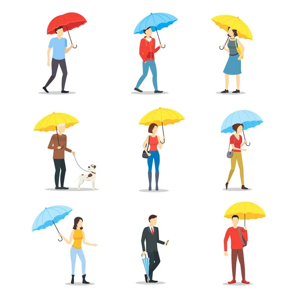 Personaggi dei cartoni animati Persone che tengono insieme ombrello. Vettore — Vettoriale Stock