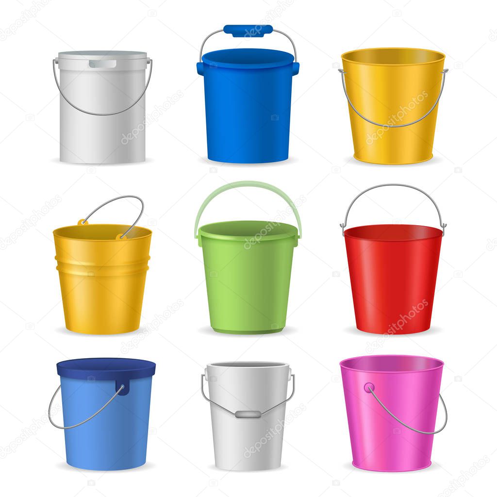 Realistic Detailed 3d Color Buckets Set. Vector