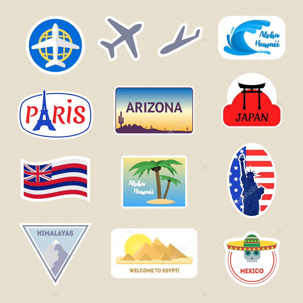Cartoon Color Travel Stickers Suitcase Set. Vector