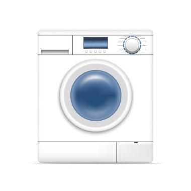 Gerçekçi detaylı 3d beyaz çamaşır makinesi. Vektör