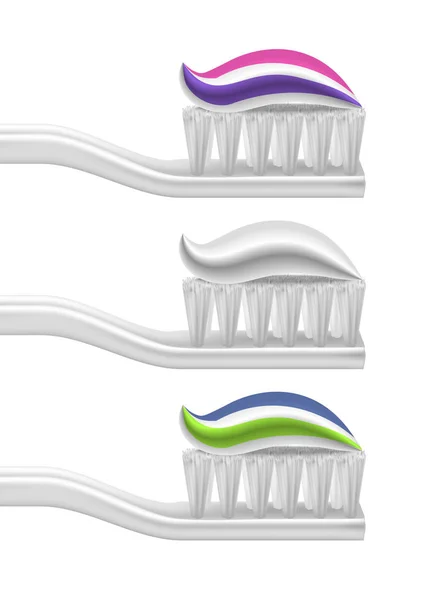 Pasta de dientes 3d detallada realista y conjunto de cepillo de dientes. Vector — Vector de stock
