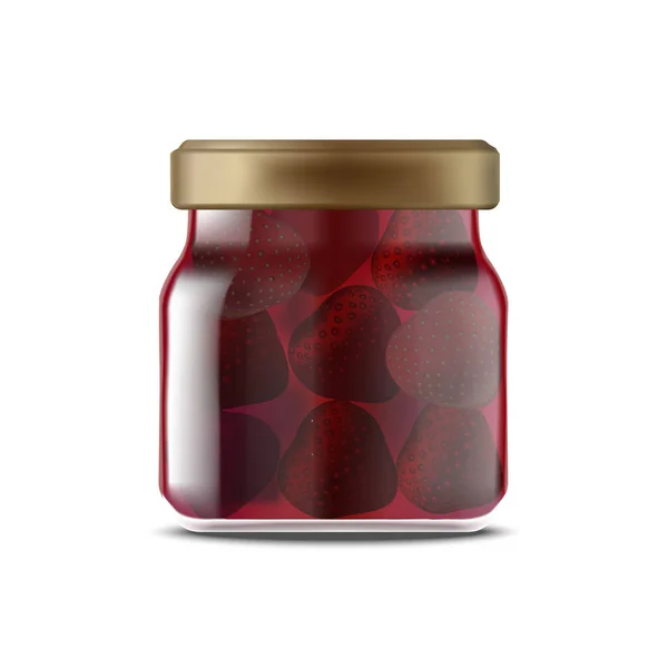 Realista detallado 3d tarro de cristal de mermelada de fresa. Vector — Vector de stock