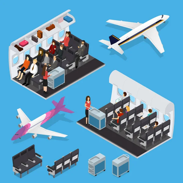 Airplane Interior Elements with People Isometric View. Vector — Stock Vector