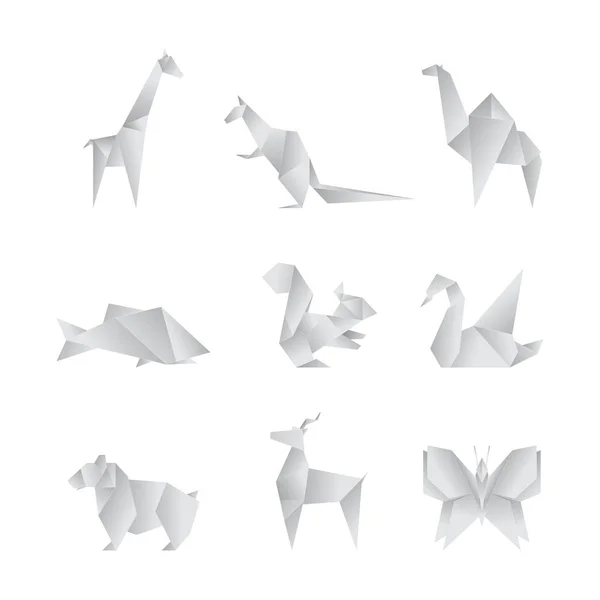 Realistische detaillierte 3D Origami Papier Tiere Set. Vektor — Stockvektor