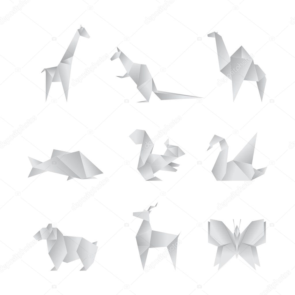 Realistic Detailed 3d Origami Paper Animals Set. Vector