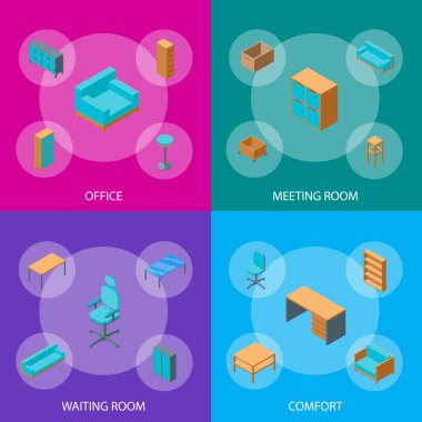 Ofis Mobilyaları 3d afiş izometrik görünümü ayarla. Vektör