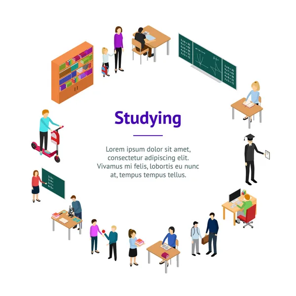 Crianças Estudante e Professora Banner Card Circle Isometric View. Vetor — Vetor de Stock