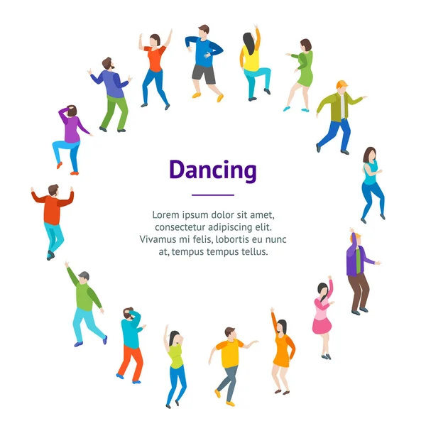 Isometric Dancing People Characters Banner Card Circle . Vector — Stock Vector