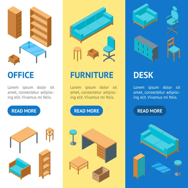 办公家具3d 横幅 Vecrtical 设置等距视图。向量 — 图库矢量图片