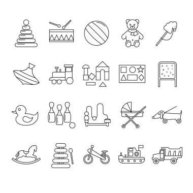 Oyuncaklar işaretleri siyah ince çizgi Icon Set. Vektör