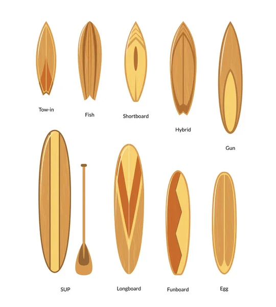 Доски для серфинга с оборудованием для серферов Wooden Texture Set. Вектор — стоковый вектор