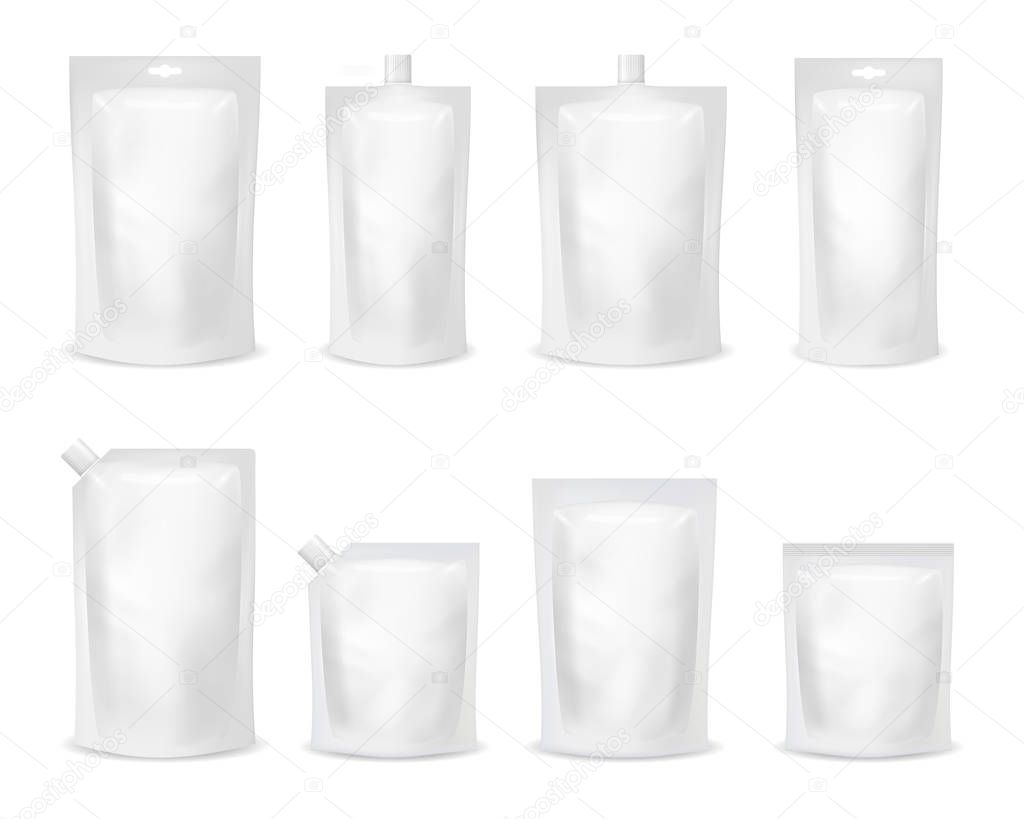 Realistic Detailed 3d Various White Blank Doypack Template Mockup Set. Vector