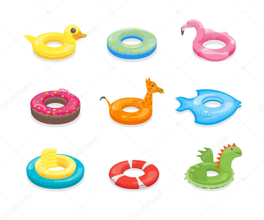 Cartoon Color Swimming Ring Toy Set. Vector
