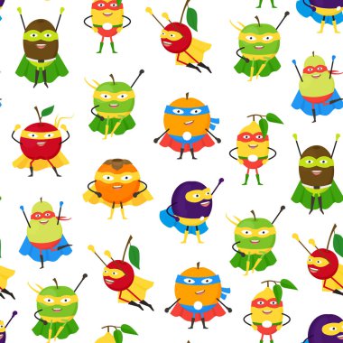 Çizgi film sebze ve meyve süper kahraman karakter Dikişsiz desen arka plan. Vektör