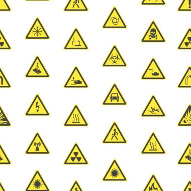 Sarı uyarı tehlike işaretleri Dikişsiz desen arka plan. Vektör