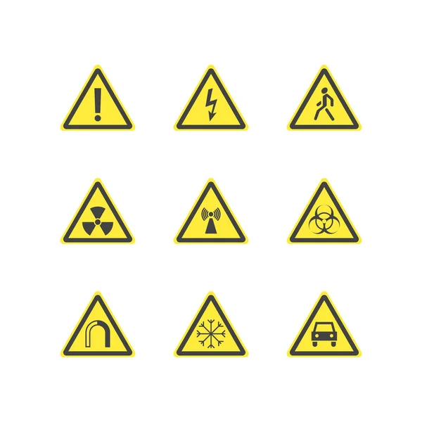 黄色警告危险三角形标志设置。向量 — 图库矢量图片