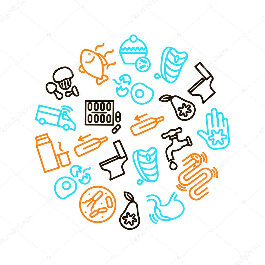 Causes of Diarrhea Icon Round Design Template Include of Toilet, Intestine, Fever, Virus, Water and Bacteria. Vector illustration