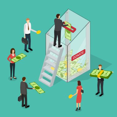 Hayırseverlik bağış kavramı finansman 3d izometrik görüntüleyin. Vektör