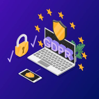 Gdpr kavramı 3d izometrik görünümü mavi üzerinde. Vektör