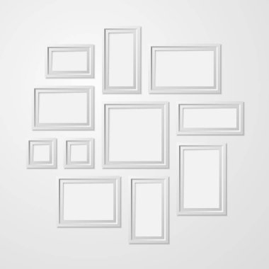 Gerçekçi detaylı 3d beyaz boş fotoğraf çerçeveleri şablon Mockup kümesi. Vektör